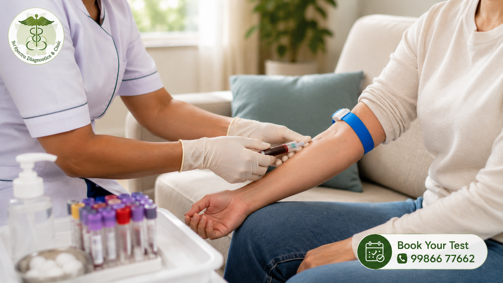 Phlebotomist drawing a blood sample from a patient at home by Sri Spectra Diagnostics and Clinic.