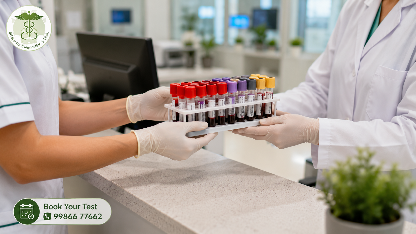 Labelled blood sample tubes being handed to a lab technician in Sri Spectra Diagnostics and Clinic Bangalore.