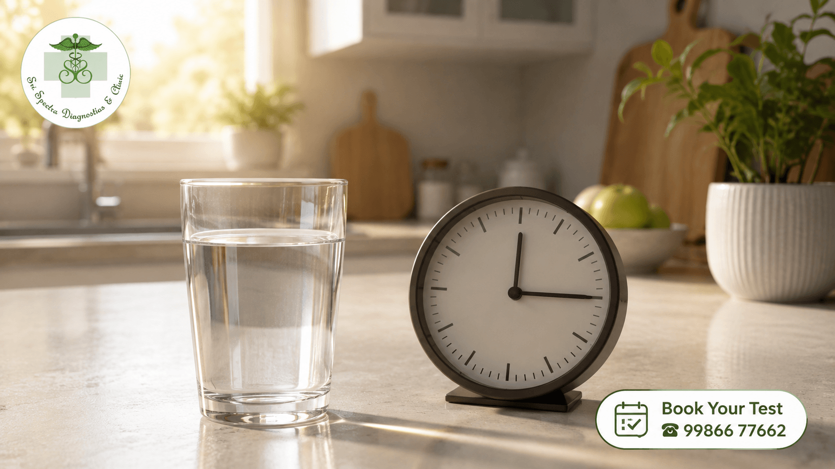 Glass of water and a clock representing the ultrasound fasting window best clinic for X-ray, Ultrasound and CT in Bangalore