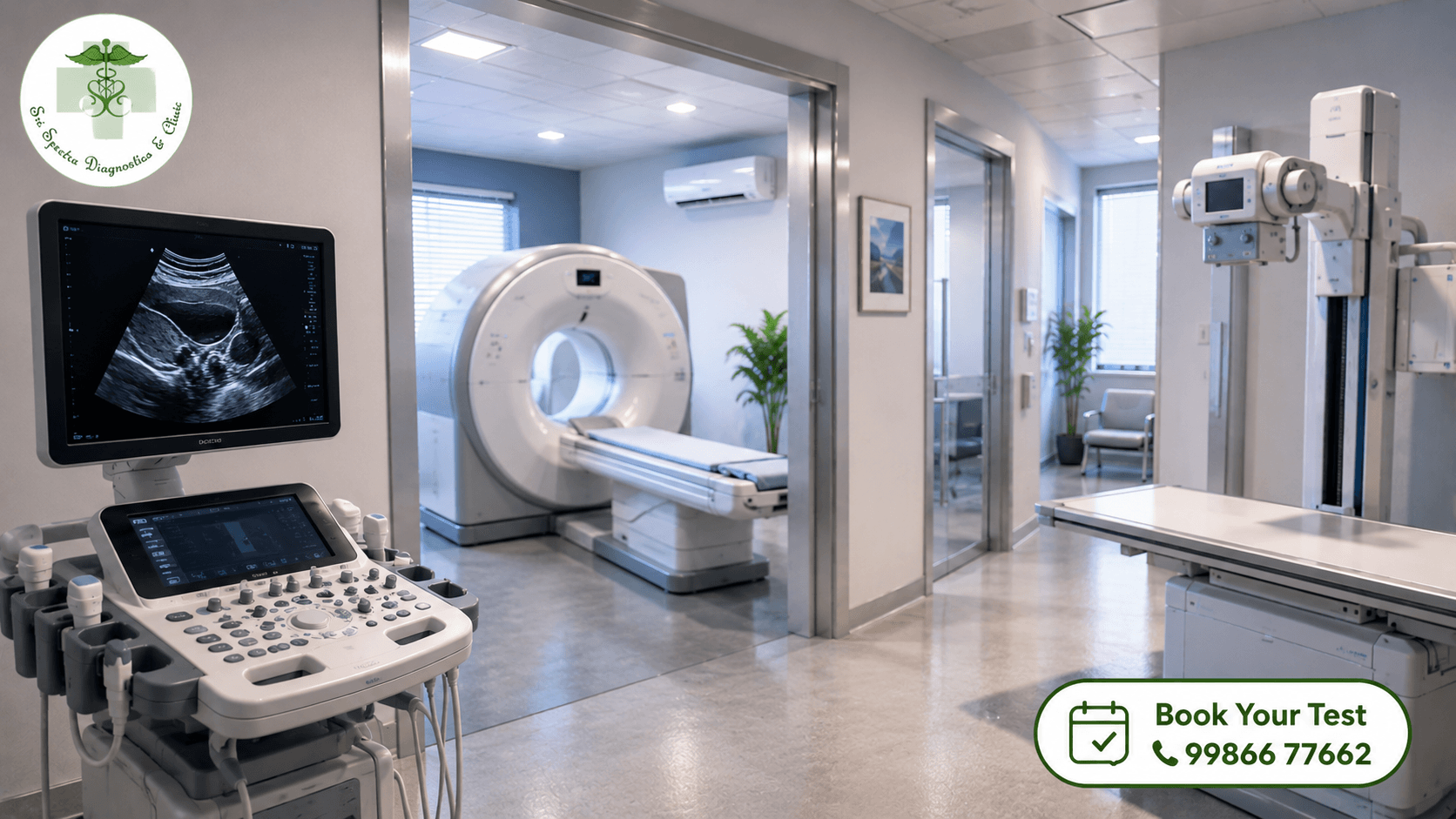 Ultrasound, CT, and X-ray equipment in a diagnostic imaging suite. Sri Spectra best Diagnostics and Clinic in Bangalore