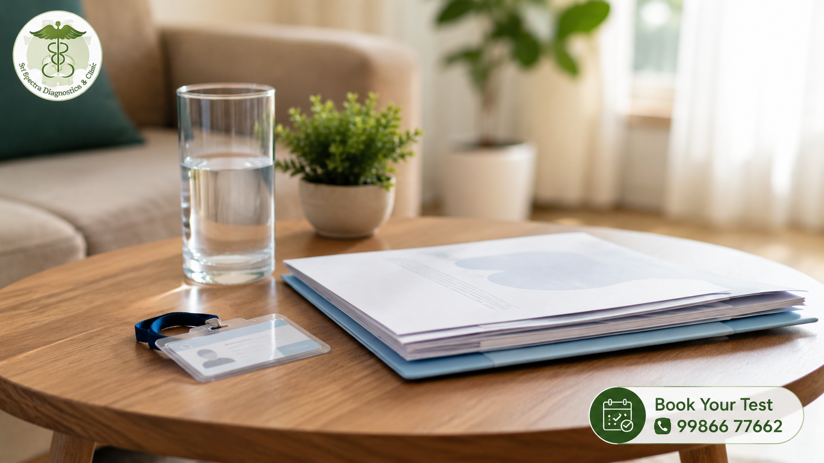 ID card, water, and medical reports set up ahead of a home blood collection appointment taken by Sri Spectra Diagnostics and Clinic Akshaya Nagar
