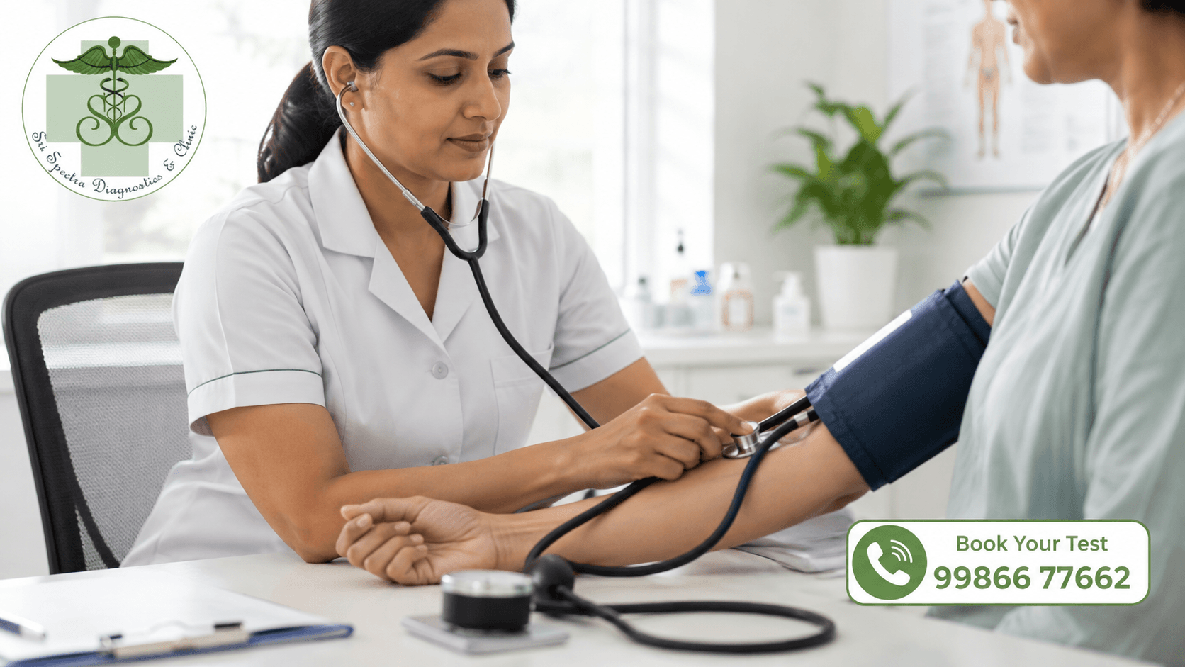 Nurse checking patient's blood pressure during a routine health checkup at Sri Spectra Diagnostics and Clinic