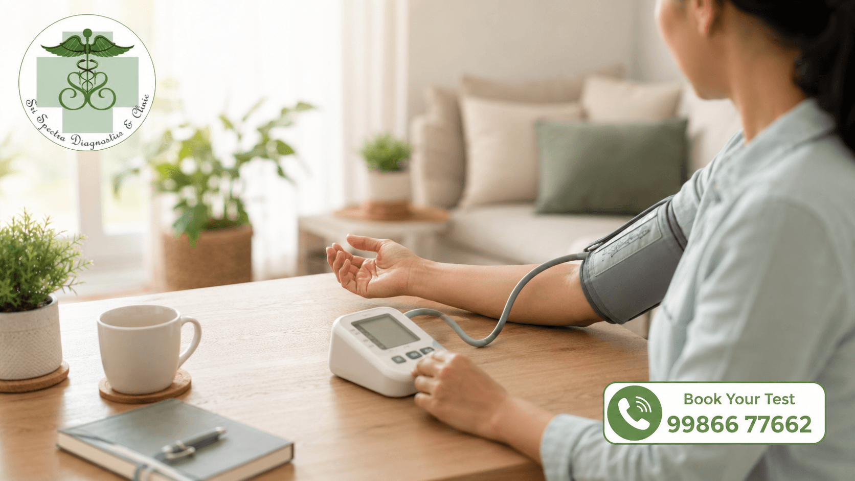 Person checking blood pressure at home with a digital monitor – Sri Spectra Diagnostics and Clinic