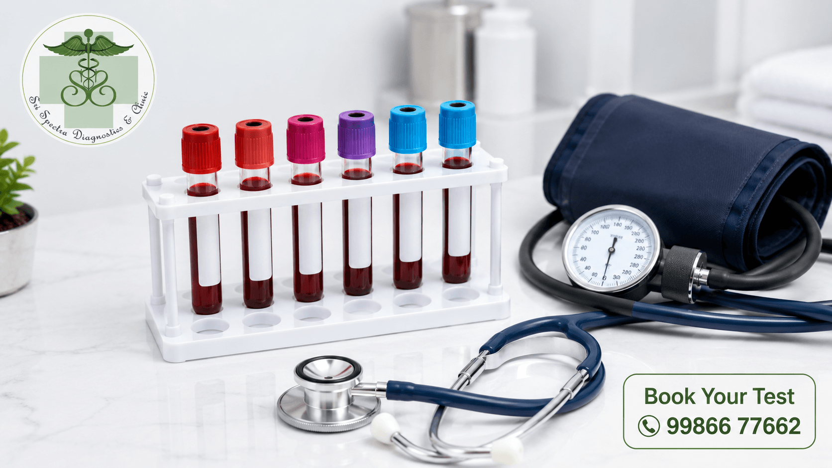Blood sample tubes, blood pressure cuff and stethoscope for a full body checkup at Sri Spectra Diagnostics and Clinic