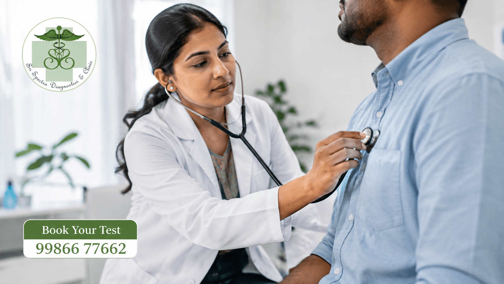 Doctor examining a patient's chest with a stethoscope at Sri Spectra Diagnostics and Clinic, Bangalore.