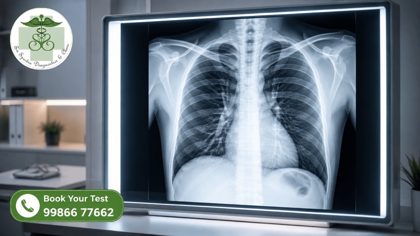 Chest X-ray image displayed on a radiology monitor at Sri Spectra Diagnostics and Clinic, Akshaya Nagar, Bangalore.