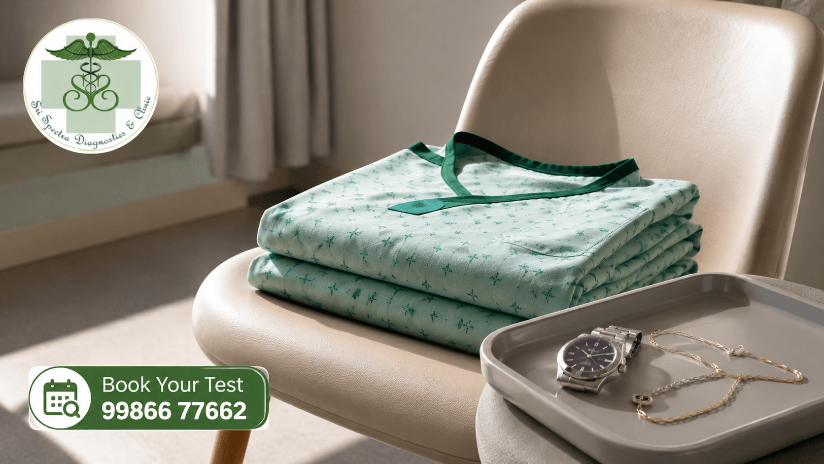 Hospital gown and jewellery removed before a chest X-ray at Sri Spectra Diagnostics and Clinic, Akshaya Nagar, Bangalore.