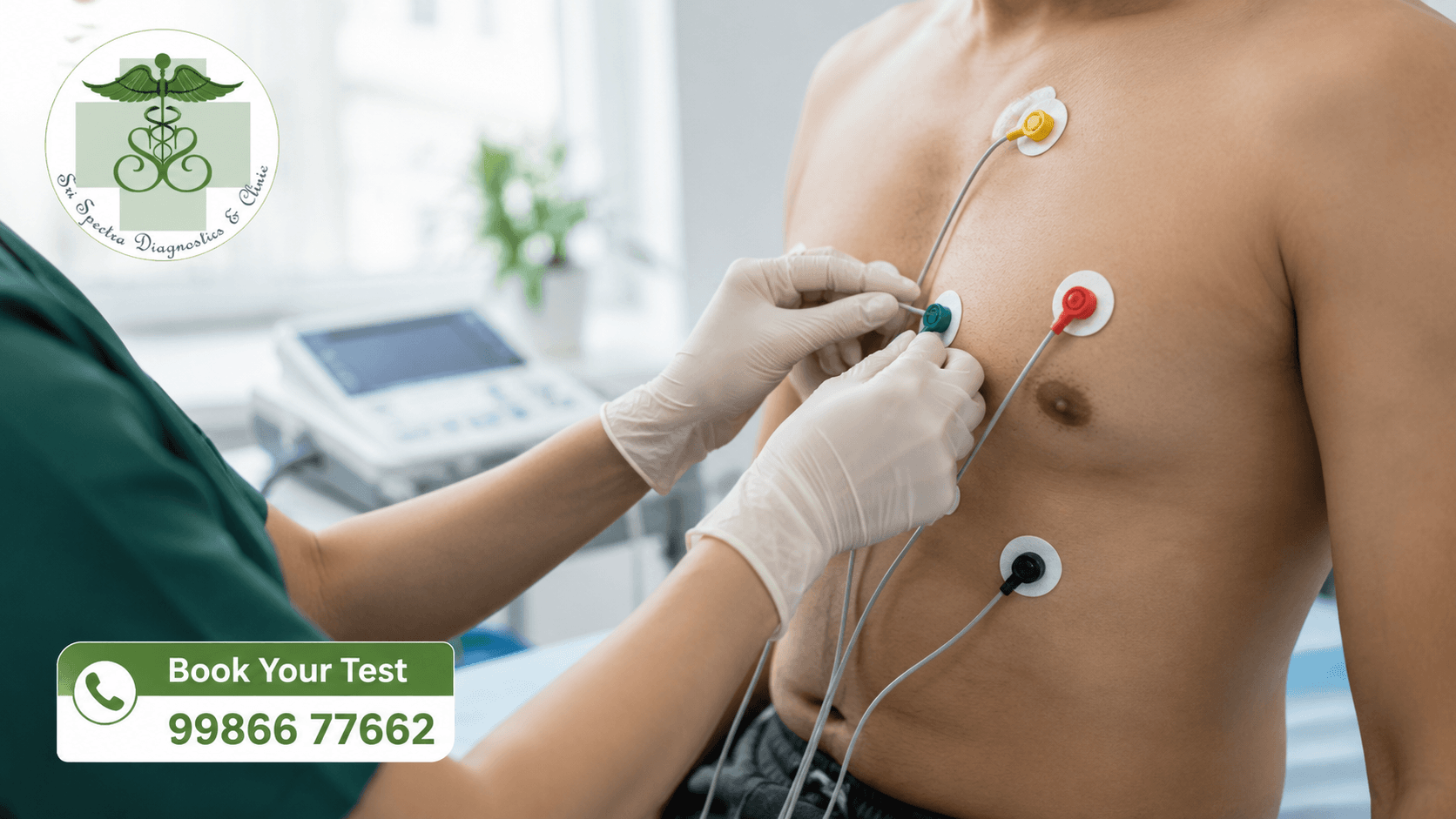 Technician attaching ECG electrodes to a patient's chest at Sri Spectra Diagnostics and Clinic, Bangalore.