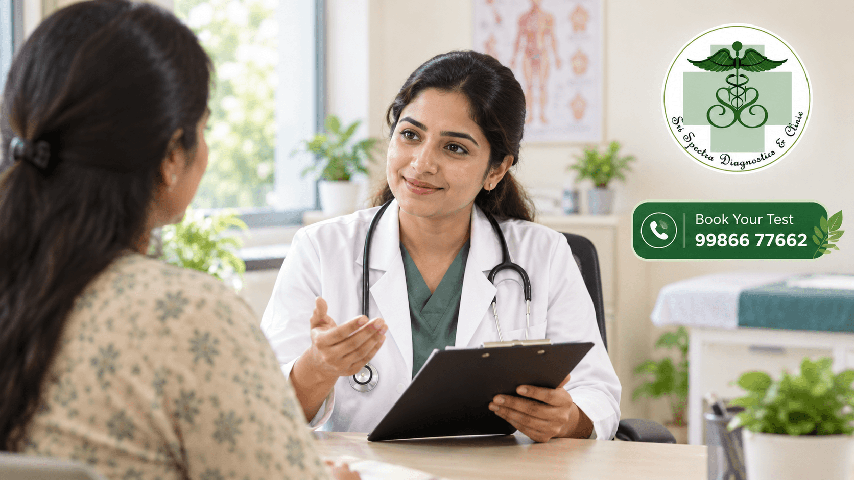 Gynecologist near Akshaya Nagar consulting with a patient at Sri Spectra Diagnostics and Clinic Bangalore