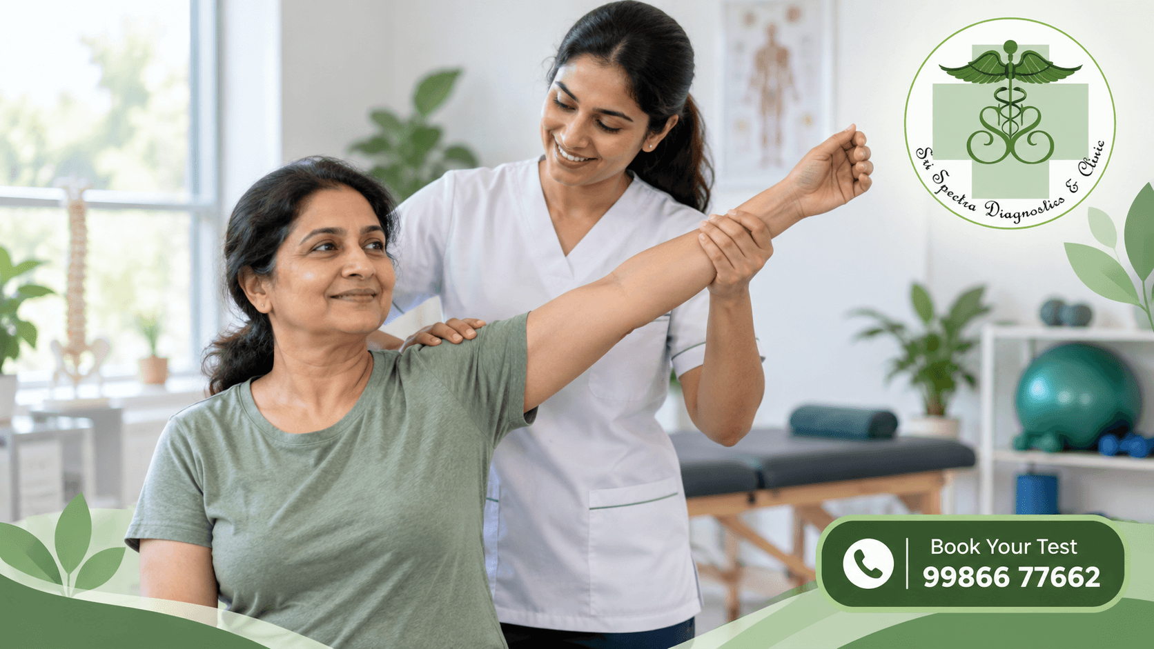 Physiotherapist guiding a patient through a shoulder stretch at Sri Spectra Diagnostics and Clinic, Akshaya Nagar, Bangalore