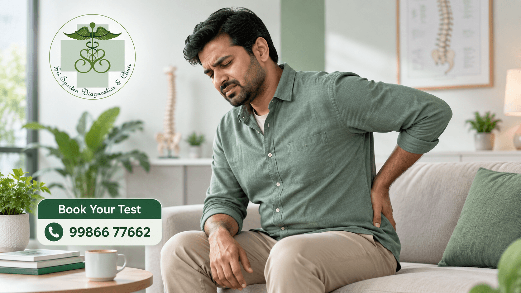Person experiencing back pain that may require an orthopedic assessment at Sri Spectra Diagnostics and Clinic, Akshaya Nagar, Bangalore
