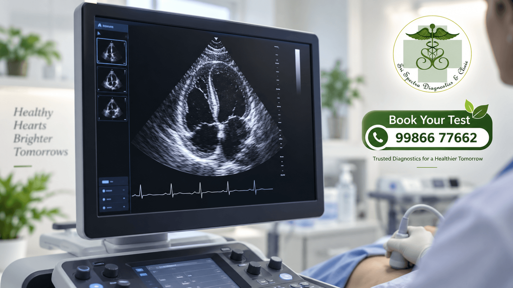 Ultrasound monitor displaying an echocardiogram heart image at Sri Spectra Diagnostics and Clinic, Akshaya Nagar, Bangalore