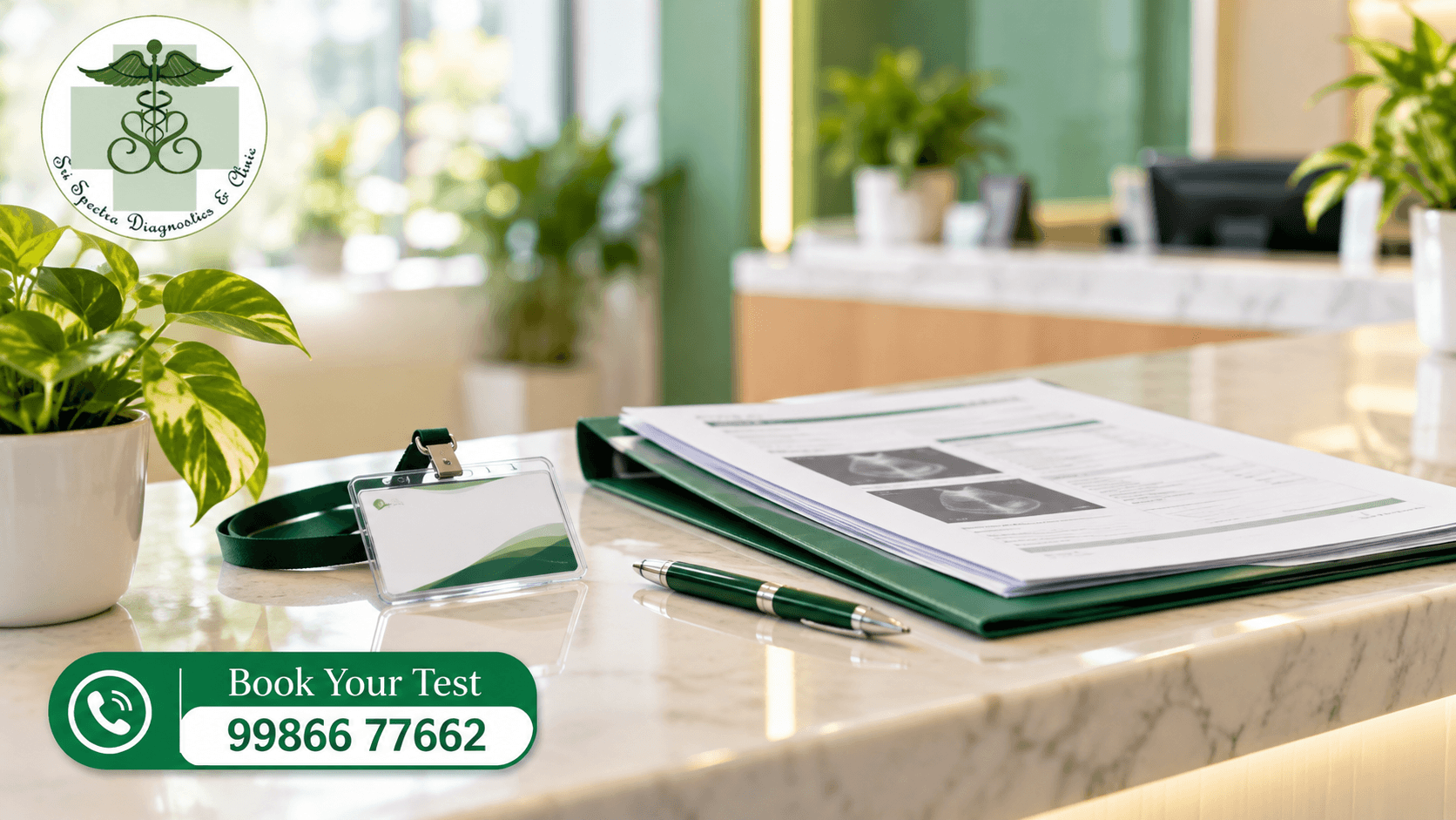 ID and medical reports prepared for a diagnostic centre visit at Sri Spectra Diagnostics and Clinic, Akshaya Nagar, Bangalore