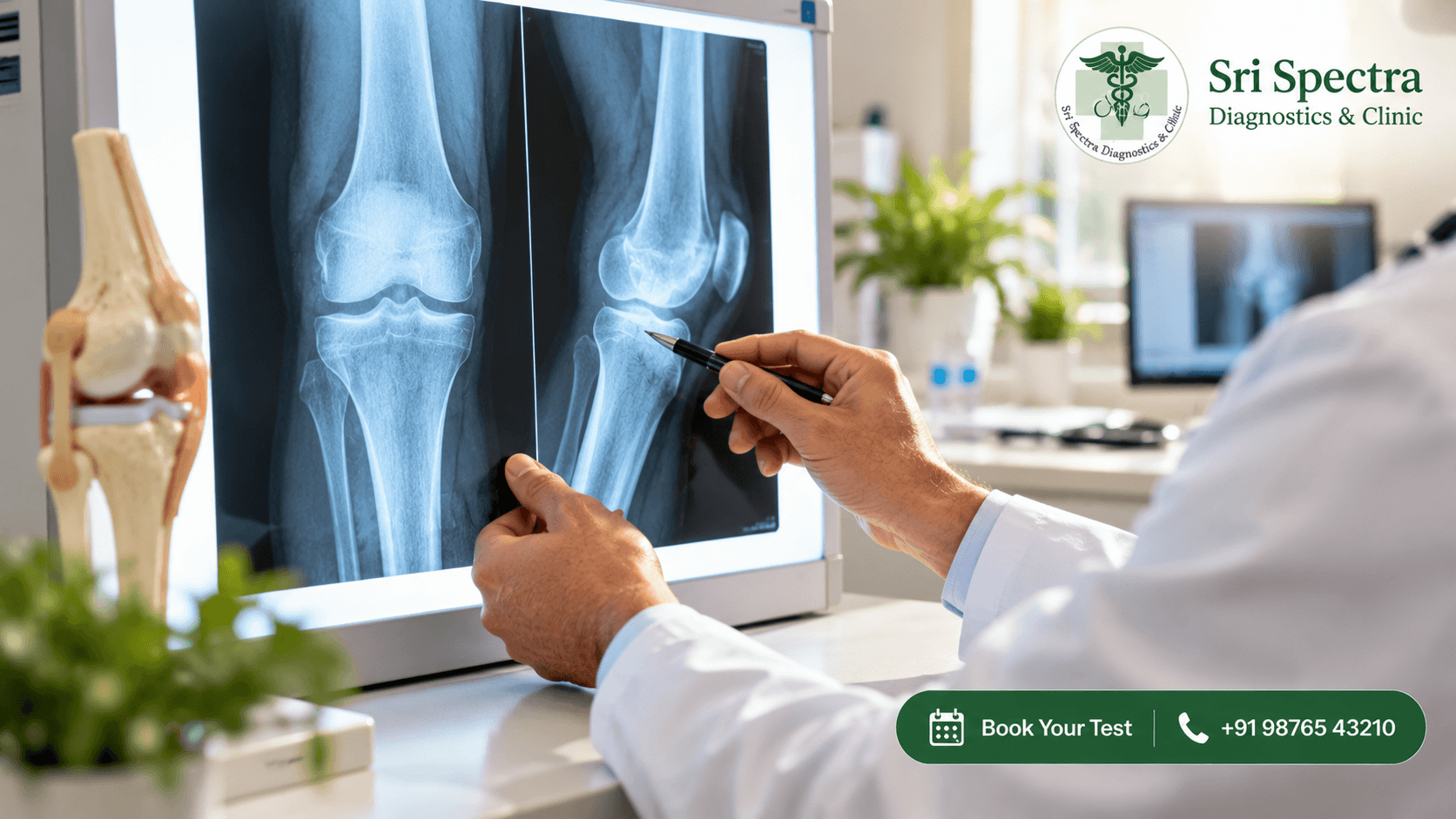 Knee X-ray reviewed during a knee pain doctor consultation at Sri Spectra Diagnostics and Clinic, Akshaya Nagar, Bangalore