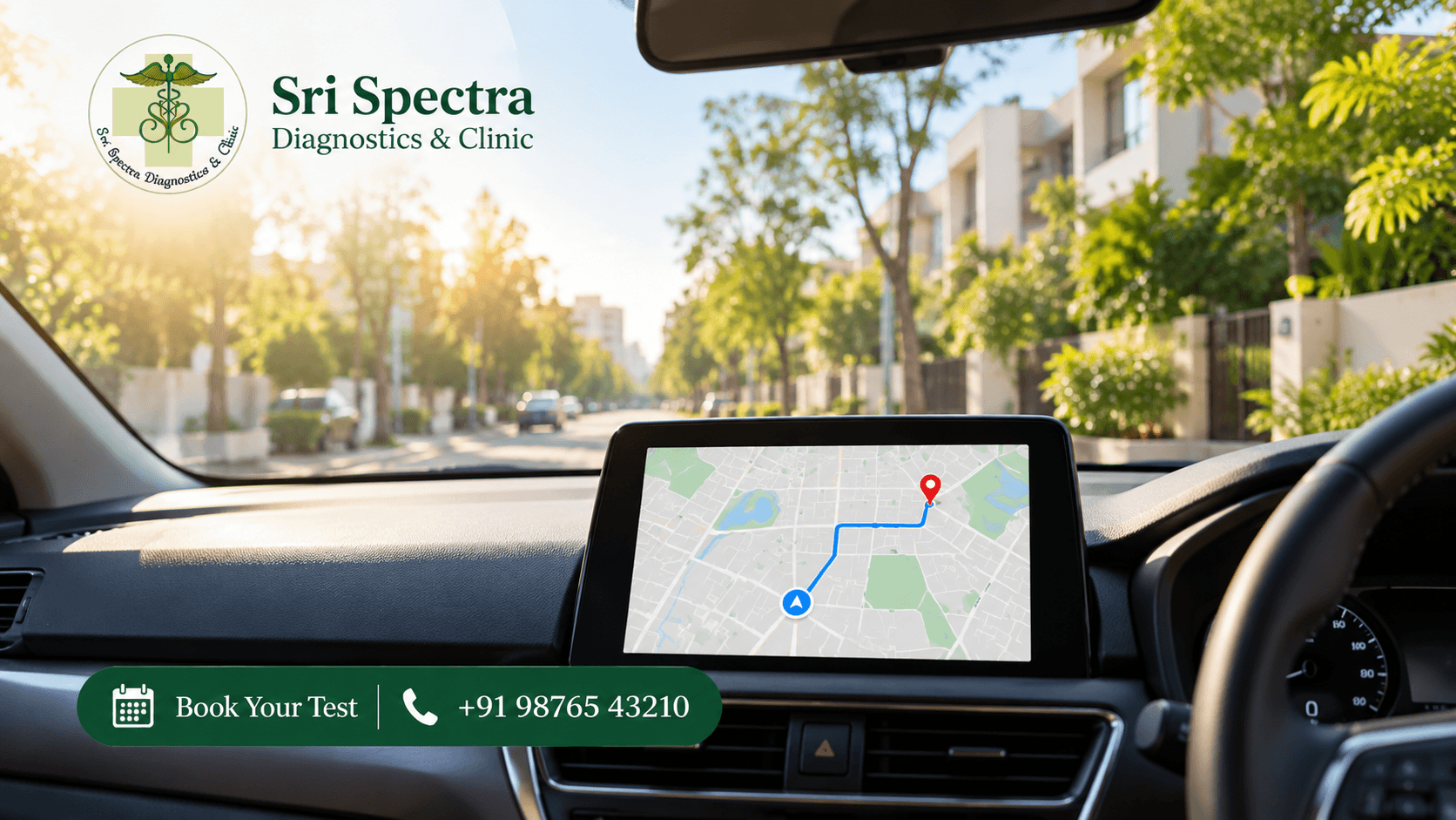 Car dashboard with a map showing the route to a diagnostic centre near Hulimavu, Akshaya Nagar, Bangalore