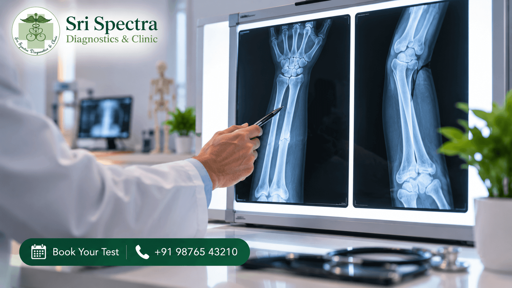 Doctor comparing scan images during a fracture assessment at Sri Spectra Diagnostics and Clinic, Akshaya Nagar, Bangalore